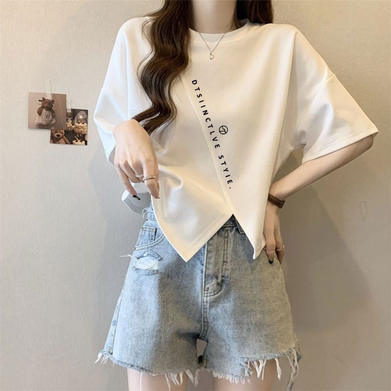 เสื้อครอปสาวอวบน่ารัก oversize เสื้อผ้าคนอ้วนไซส์ใหญ่ เสื้อยืดแขนสั้นแบบหลวมผู้หญิงแฟชั่นมาใหม่สวยๆ สกรีนลายวินเทจ ลำลอง