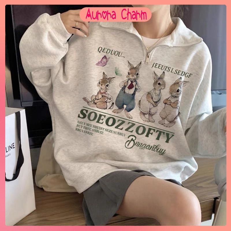 Aurora Charm เสื้อผู้หญิงลายการ์ตูนกระต่าย แขนยาวคอกลม ซิปครึ่ง สไตล์เกาหลี