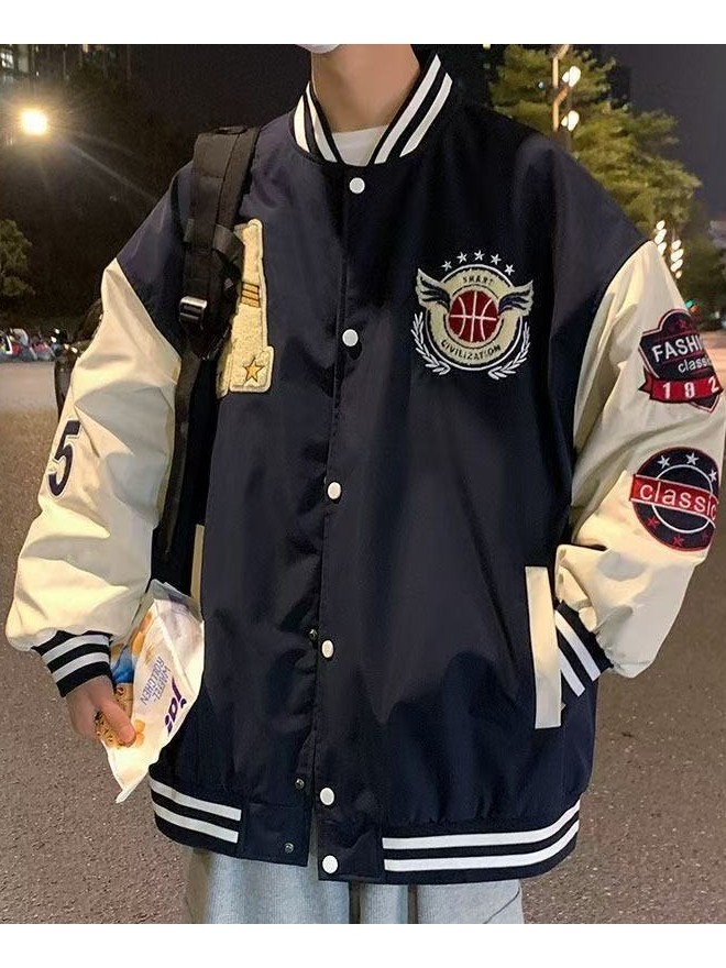เสื้อแจ็คเก็ตปักลายผู้ชาย เสื้อแจ็คเก็ต Varsity สไตล์ลำลอง เสื้อแจ็คเก็ตบอมเบอร์ ดีไซน์ปักลาย