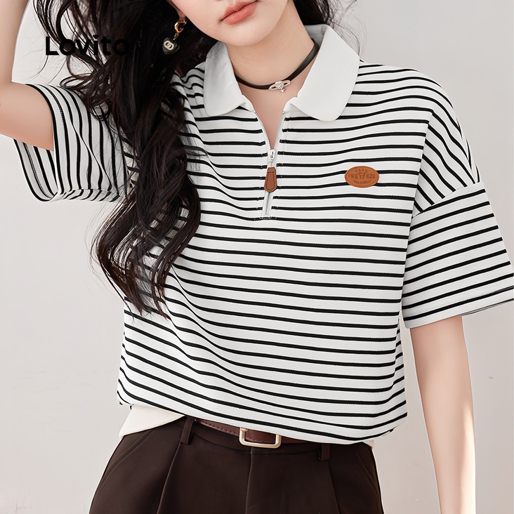 เสื้อยืดคอปกซิปแบบลำลอง สีดำ-ขาว สำหรับฤดูใบไม้ผลิ/ฤดูร้อน