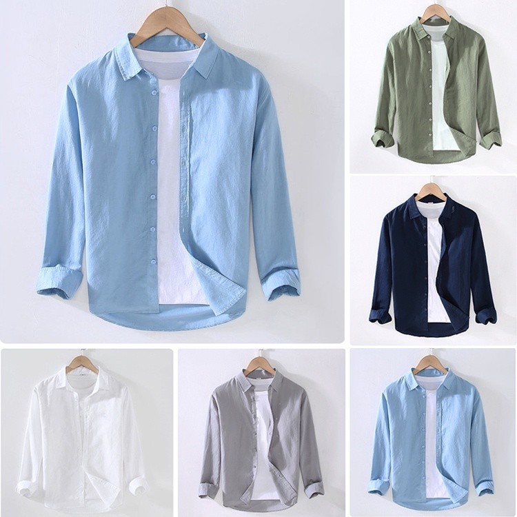 เสื้อเชิ้ตผู้ชาย ผ้าฝ้าย และผ้าลินิน สีขาว แฟชั่นฤดูร้อน เสื้อผู้ชาย