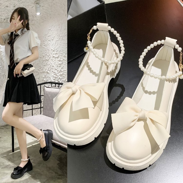 ?รองเท้าแมรี่เจนสไตล์เกาหลีสำหรับผู้หญิง?รองเท้าหนังผูกโบว์มุก พื้นหนาใส่แมทช์กับกระโปรงได้