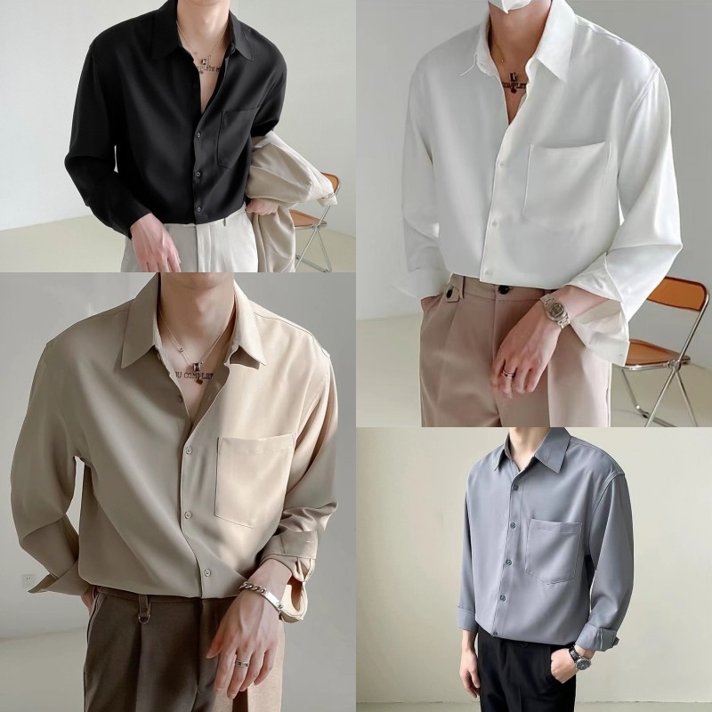เสื้อเชิ้ตแขนยาวสีพื้น คอปก เสื้อเชิ้ตใส่ทำงานชาย สไตล์ลำลอง กระดุมแถว แฟชั่นเกาหลี ไซส์ M L XL XXL