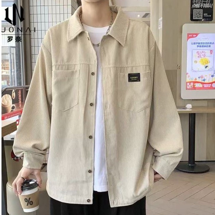 เสื้อเชิ้ตผู้ชาย เสื้อเชิ้ตแขนยาว ผ้าลูกฟูก ผ้านิ่มนุ่ม ทรงหลวม ใส่สบาย แบบเรียบง่าย คุณภาพดี
