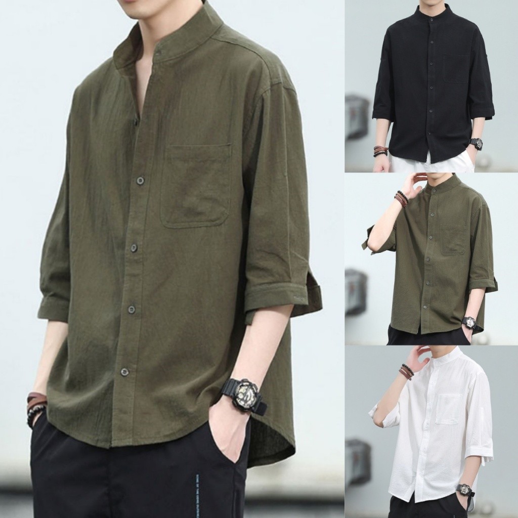 เสื้อเชิ้ตผู้ชาย เสื้อคอจีนผู้ชาย ผ้าฝ้าย และผ้าลินิน ระบายอากาศดี แบบบาง คอปก แบบเรียบง่าย
