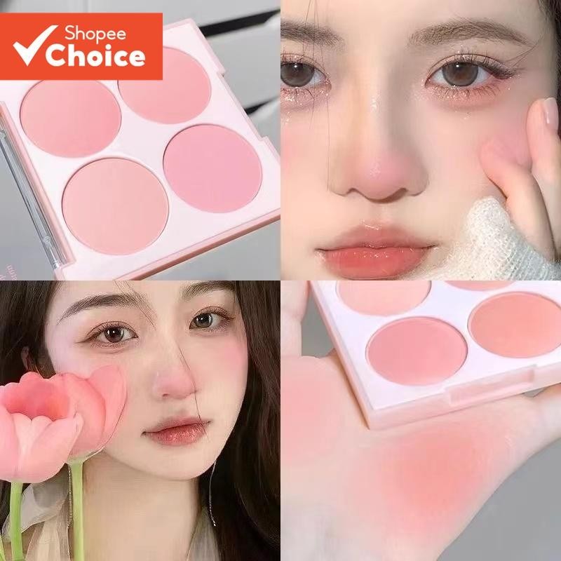 พาเลทบลัชออน 4 สี | โทนสีชมพูด้านนุ่ม | ลุคธรรมชาติสําหรับนักเรียนและผู้เริ่มต้นแต่งหน้า