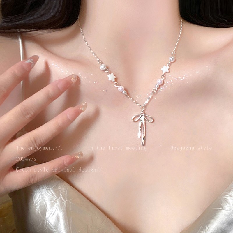 สร้อยคอ จี้ประดับโบว์ น่ารักหวาน สไตล์หรูหราแสง นักเรียนสำหรับผู้หญิง เครื่องประดับแฟชั่น