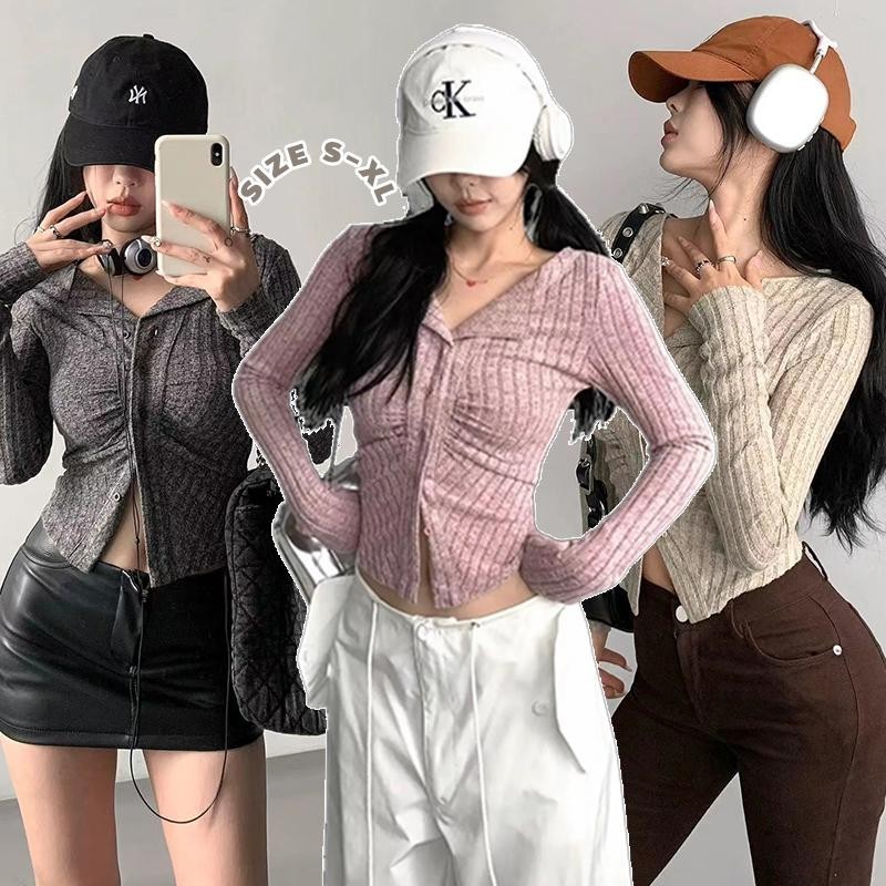 เสื้อครอปเอวสูงไหมพรมแขนยาวปกจีบสำหรับผู้หญิง คอวี ดีไซน์เข้ารูปพอดีตัวสำหรับฤดูร้อน เสื้อแฟชั่นผู้หญิง